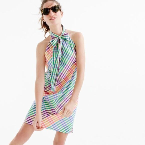 J.Crew Cotton Blend Lightweight Rainbow Tie Neck Gingham Mini Dress Size 0 - Picture 1 of 9